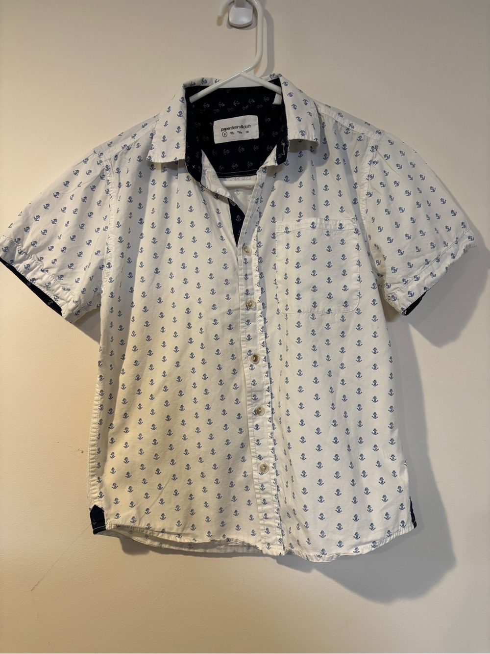 Boys Short-Sleeve White Cotton Button Down Shirt with Navy Anchor Print Size 8